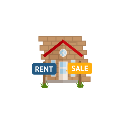 Illustration with a house and two signs, sale and rent.